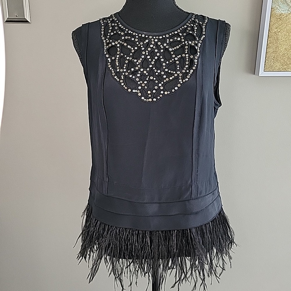 BCBGMaxAzria Dracey 100% Silk‎ Ostrich Feather Top Size Small